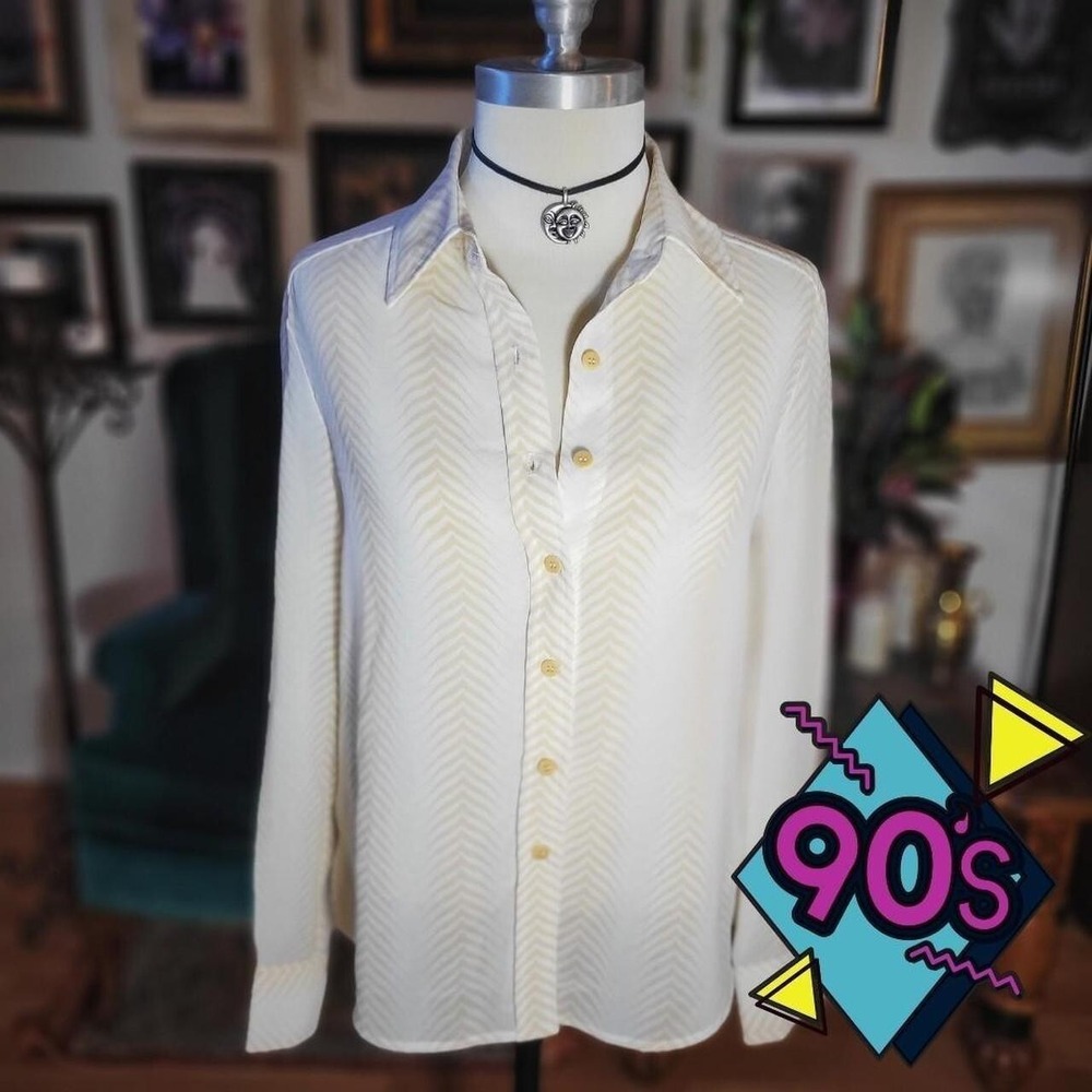 BCBG Maxazria Cream Blouse Striped Vintage 90s Designer Button-up Long Sleeve